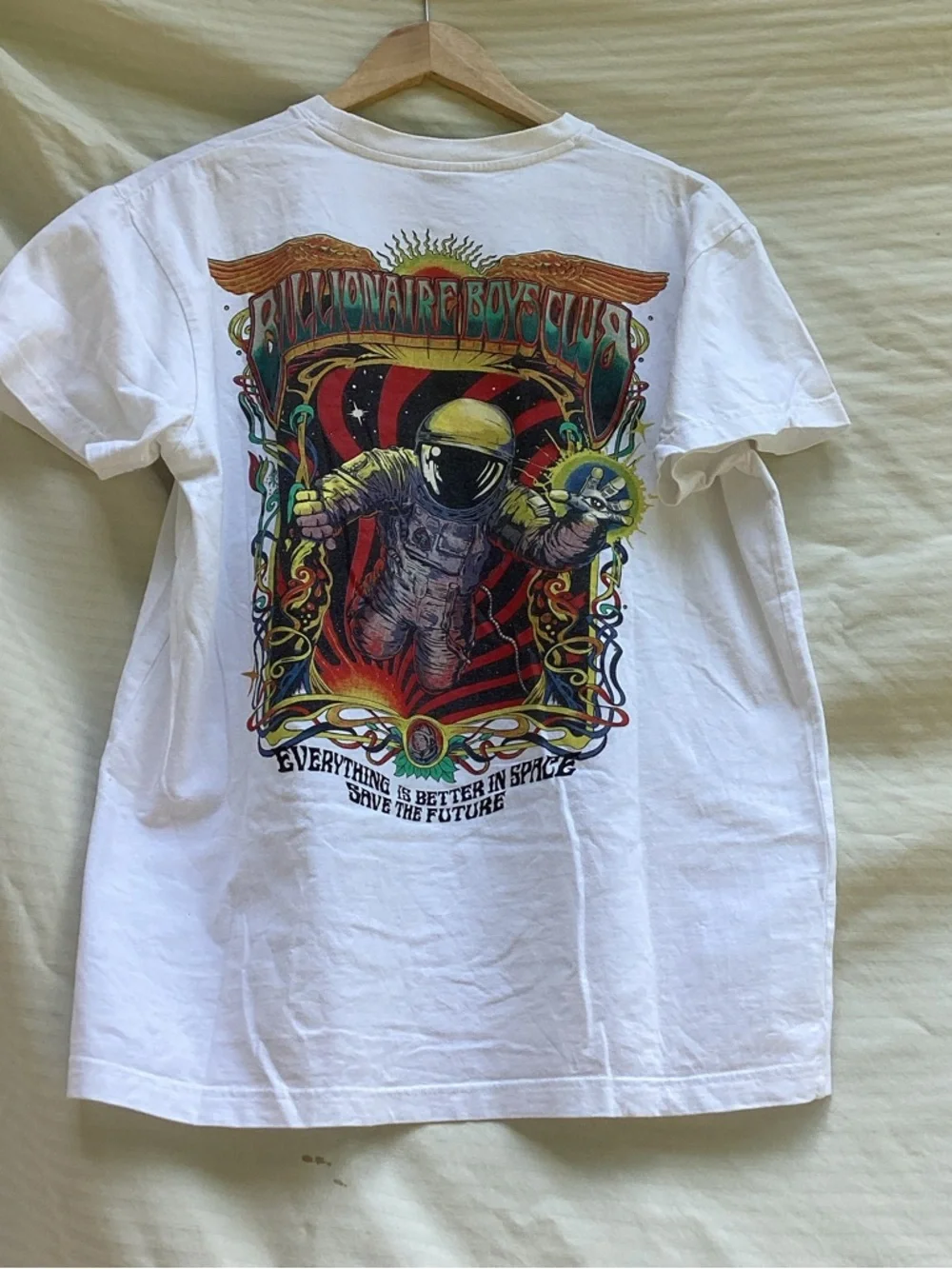Billionaire Boys Club White Crewneck Tee with Black Helmet Logo, size medium